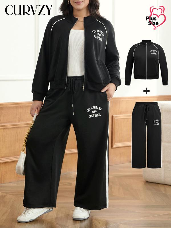 CURVZY Plus Size Two-Piece Set Letter Print Zip Up Pocket Jacket & Side Stripe Drawstring Waist Pants, Casual Raglan Sleeve Stand Collar Outerwear & Pocket Trousers for Daily Wear, Women's Two-piece Outfits for Spring & Fall